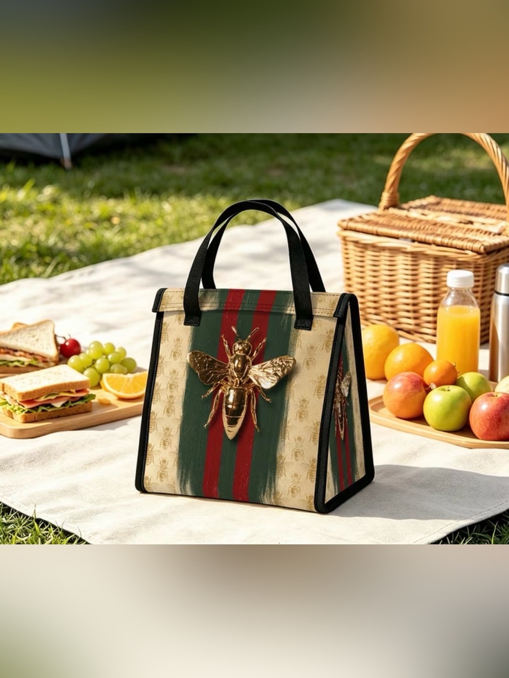 Gold Bee Insulated Cooler in Green, Red, and Cream - Designer Style FASHION